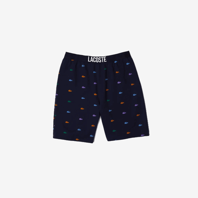 Men Lacoste V0ZN1499 Navy Blue White QRN Crocodiles Print Cotton Fleece Indoor Shorts - Image 4