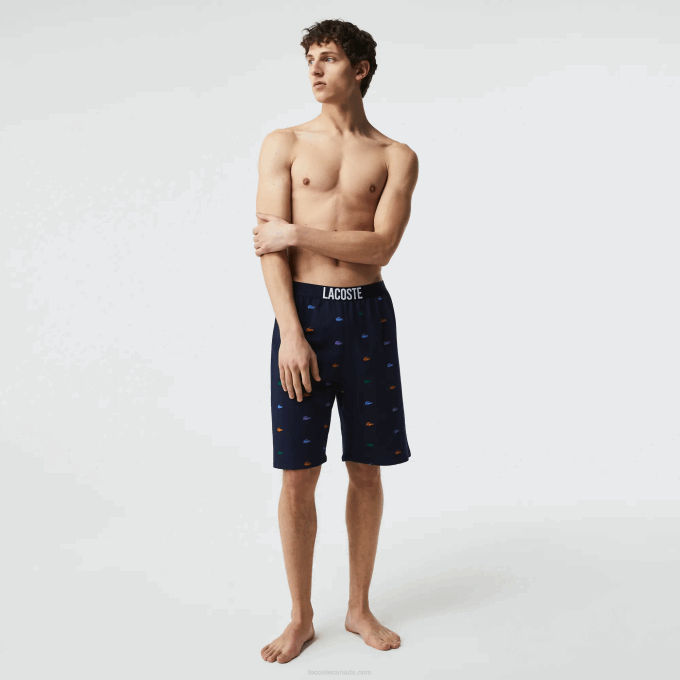 Men Lacoste V0ZN1499 Navy Blue White QRN Crocodiles Print Cotton Fleece Indoor Shorts - Image 1