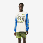 Men Lacoste V0ZN149 White Blue ZIL Loose Fit Long Sleeve Printed T-Shirt