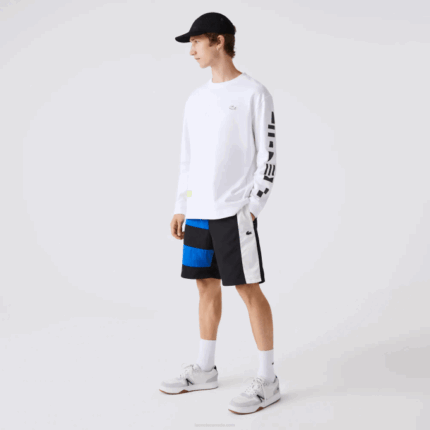 Men Lacoste V0ZN1500 Black Blue White SE1 Color-Block Patchwork Effect Shorts