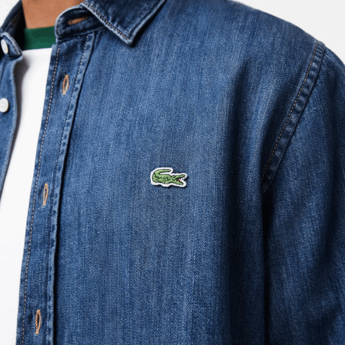 Men Lacoste V0ZN1502 Blue CDZ Regular Fit Organic Cotton Denim Shirt - Image 4
