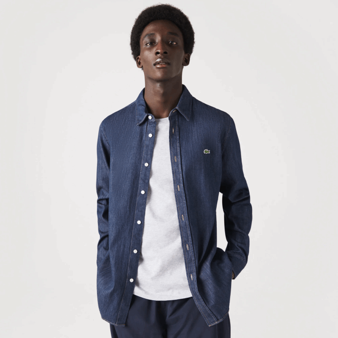Men Lacoste V0ZN1503 Grey QJH Regular Fit Organic Cotton Denim Shirt - Image 1