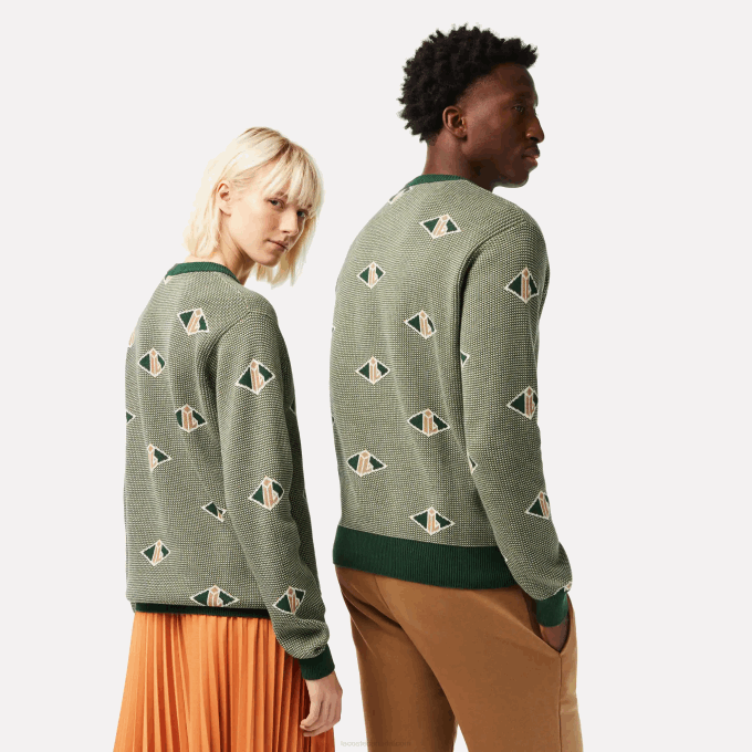 Men Lacoste V0ZN1504 Green Beige White LVT Classic Fit Monogram Pattern Sweater - Image 3