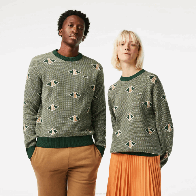 Men Lacoste V0ZN1504 Green Beige White LVT Classic Fit Monogram Pattern Sweater - Image 1