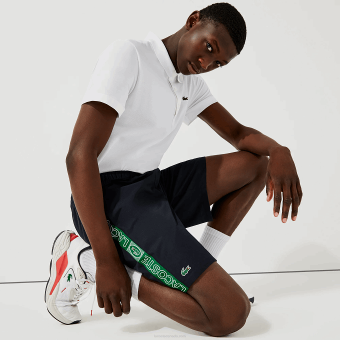 Men Lacoste V0ZN1506 Navy Blue Green MR0 SPORT Branded Side Bands Shorts - Image 7