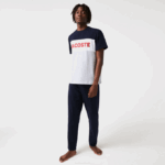 Men Lacoste V0ZN1510 Grey Chine Navy White Red 4TY Colorblock Stretch Cotton Long Pajamas Set