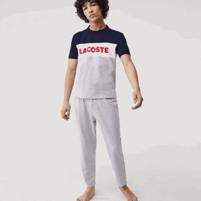 Men Lacoste V0ZN1510 Grey Chine Navy White Red 4TY Colorblock Stretch Cotton Long Pajamas Set - Image 7