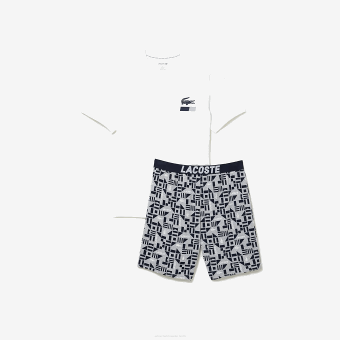 Men Lacoste V0ZN1511 White Navy Blue Grey Chine 40S Graphic Print Pajamas - Image 5