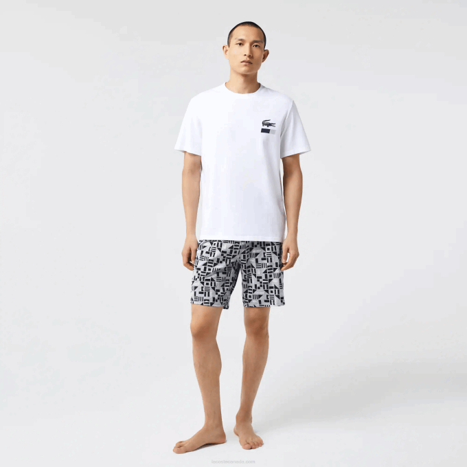 Men Lacoste V0ZN1511 White Navy Blue Grey Chine 40S Graphic Print Pajamas - Image 6