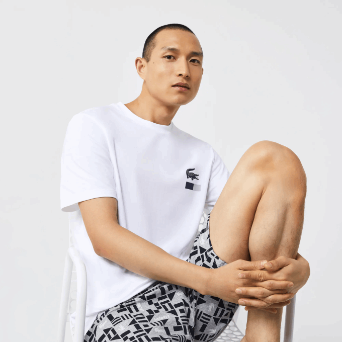 Men Lacoste V0ZN1511 White Navy Blue Grey Chine 40S Graphic Print Pajamas - Image 1