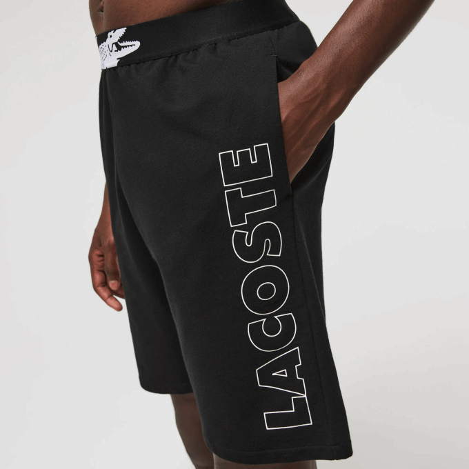 Men Lacoste V0ZN1513 Black White 258 Branded Cotton Fleece Indoor Shorts - Image 2