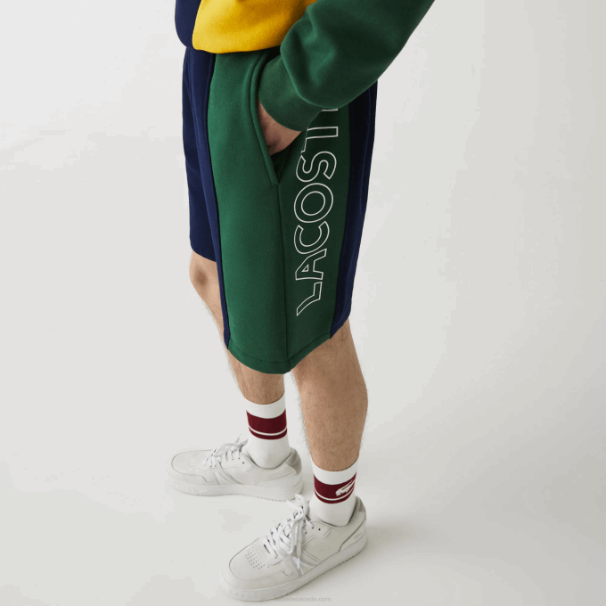 Men Lacoste V0ZN1515 Navy Blue Red Green BLS Branded Cotton Fleece Blend Shorts - Image 2