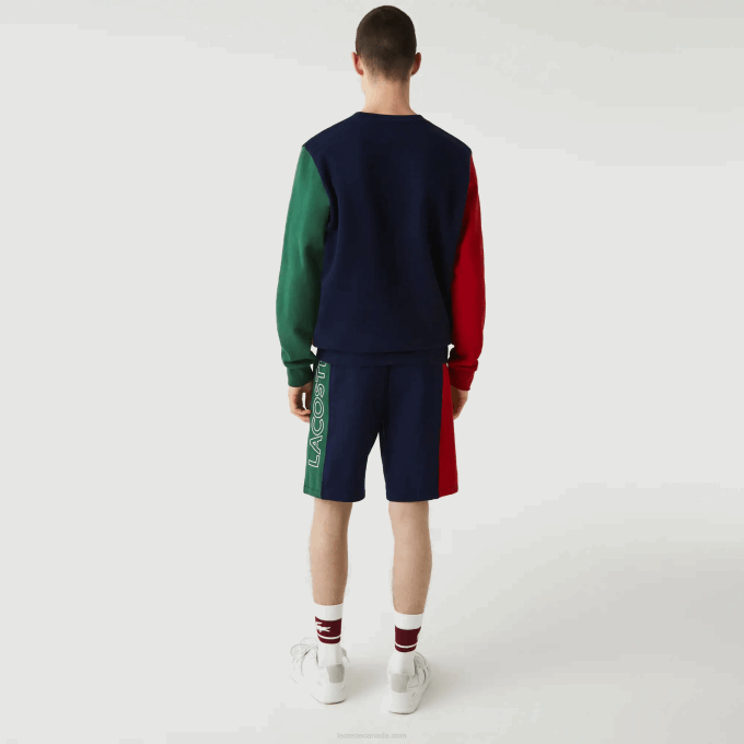 Men Lacoste V0ZN1515 Navy Blue Red Green BLS Branded Cotton Fleece Blend Shorts - Image 3