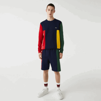 Men Lacoste V0ZN1515 Navy Blue Red Green BLS Branded Cotton Fleece Blend Shorts