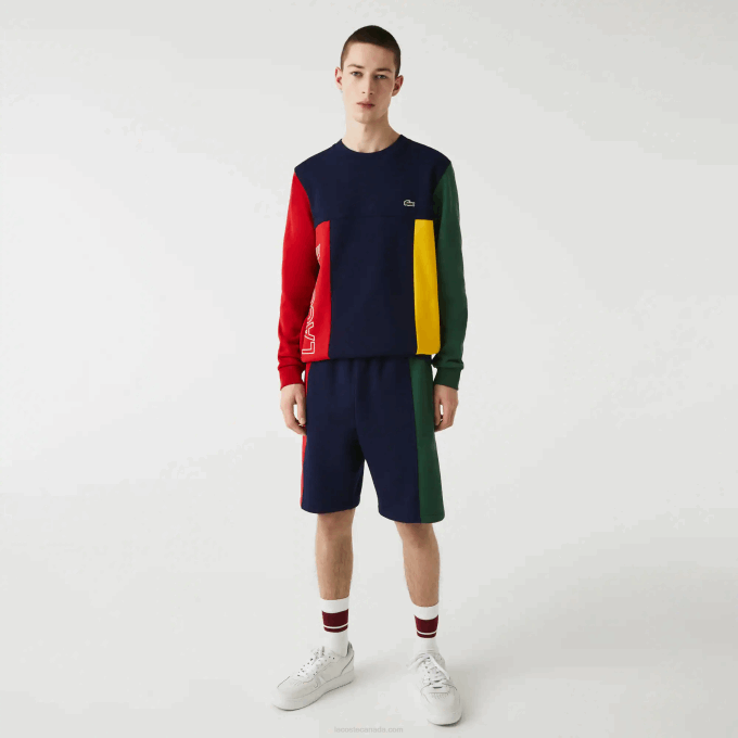 Men Lacoste V0ZN1515 Navy Blue Red Green BLS Branded Cotton Fleece Blend Shorts - Image 1
