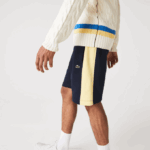 Men Lacoste V0ZN1516 Navy Blue Yellow 144 Color-Block Brushed Fleece Shorts - Image 2