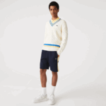 Men Lacoste V0ZN1516 Navy Blue Yellow 144 Color-Block Brushed Fleece Shorts
