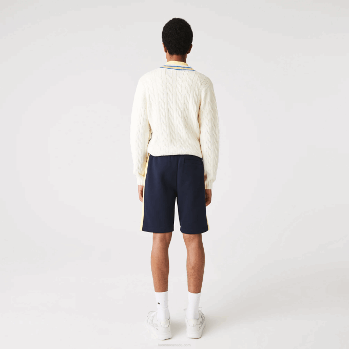 Men Lacoste V0ZN1516 Navy Blue Yellow 144 Color-Block Brushed Fleece Shorts - Image 3