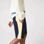 Men Lacoste V0ZN1516 Navy Blue Yellow 144 Color-Block Brushed Fleece Shorts - Image 4