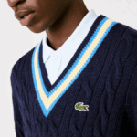Men Lacoste V0ZN1517 Navy Blue Yellow Blue 7KZ Classic Fit Contrast Striped Wool Sweater - Image 2