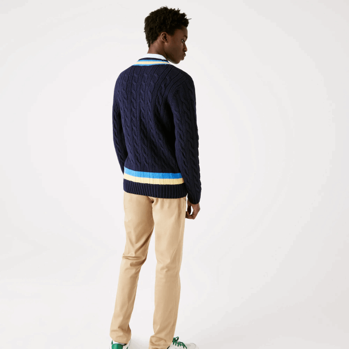 Men Lacoste V0ZN1517 Navy Blue Yellow Blue 7KZ Classic Fit Contrast Striped Wool Sweater - Image 3