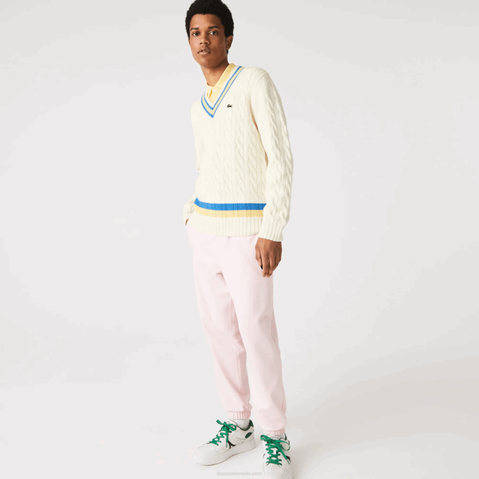 Men Lacoste V0ZN1518 White Yellow Blue 7MZ Classic Fit Contrast Striped Wool Sweater - Image 2