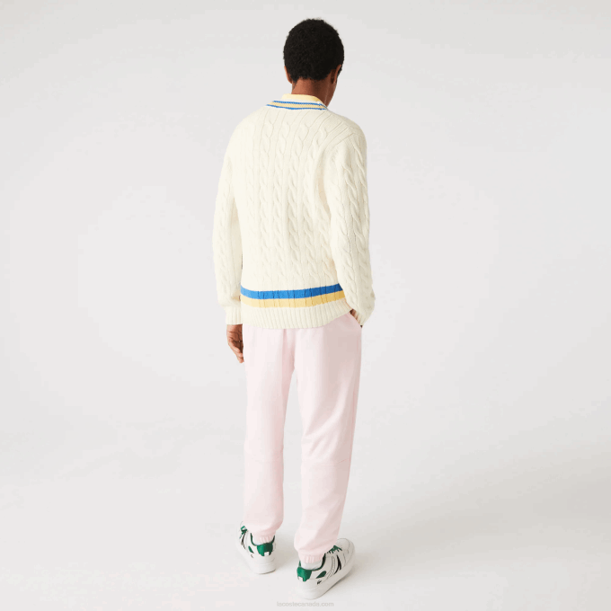Men Lacoste V0ZN1518 White Yellow Blue 7MZ Classic Fit Contrast Striped Wool Sweater - Image 3