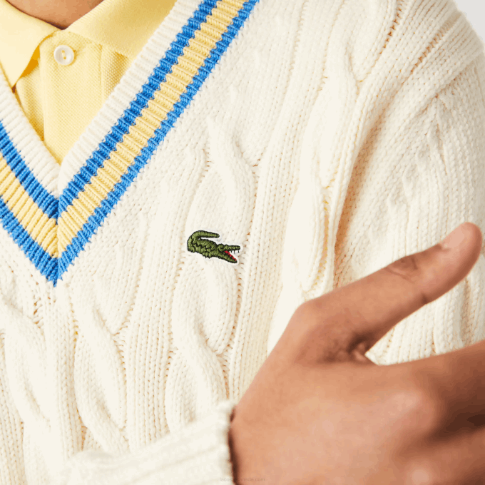 Men Lacoste V0ZN1518 White Yellow Blue 7MZ Classic Fit Contrast Striped Wool Sweater - Image 4