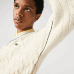 Men Lacoste V0ZN1518 White Yellow Blue 7MZ Classic Fit Contrast Striped Wool Sweater - Image 5
