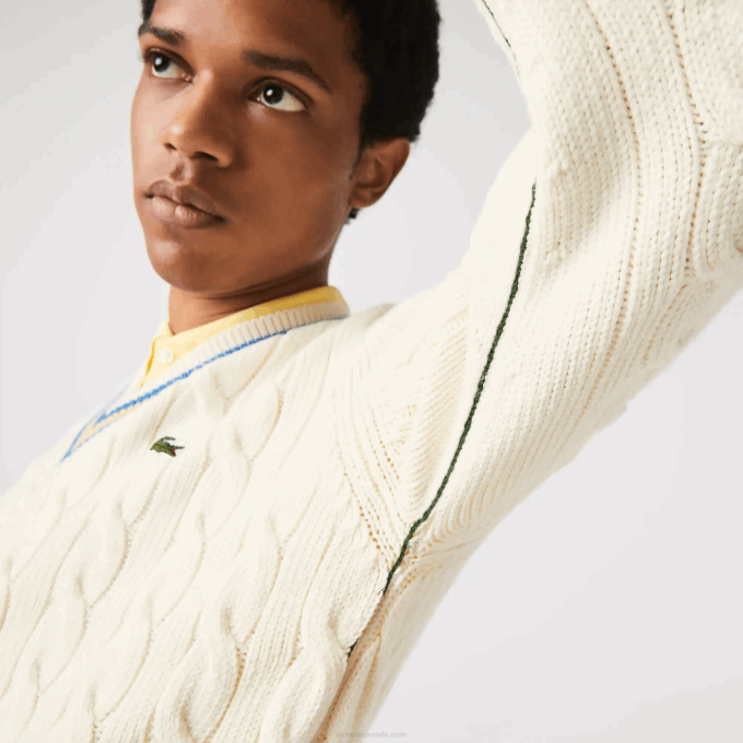 Men Lacoste V0ZN1518 White Yellow Blue 7MZ Classic Fit Contrast Striped Wool Sweater - Image 5