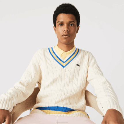 Men Lacoste V0ZN1518 White Yellow Blue 7MZ Classic Fit Contrast Striped Wool Sweater