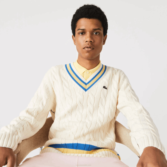 Men Lacoste V0ZN1518 White Yellow Blue 7MZ Classic Fit Contrast Striped Wool Sweater - Image 1