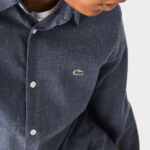 Men Lacoste V0ZN1519 Black/White HHW Slim Fit Cotton Chambray Shirt - Image 4