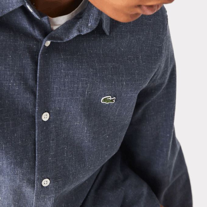 Men Lacoste V0ZN1519 Black/White HHW Slim Fit Cotton Chambray Shirt - Image 4