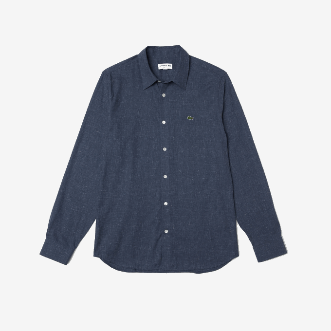 Men Lacoste V0ZN1519 Black/White HHW Slim Fit Cotton Chambray Shirt - Image 5