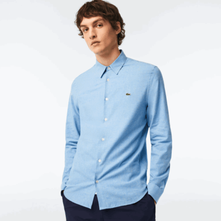 Men Lacoste V0ZN1520 Blue White FV2 Slim Fit Cotton Chambray Shirt