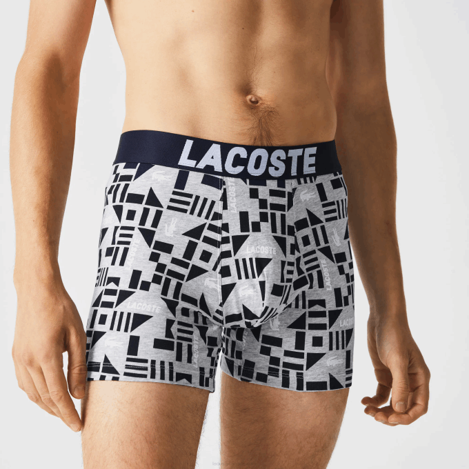 Men Lacoste V0ZN1524 Grey Chine Navy Blue White 5KC Nautical Print Boxer Brief 3-Pack - Image 2
