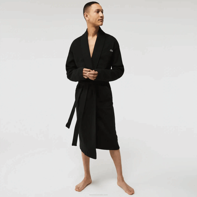 Men Lacoste V0ZN1525 Black 031 Loose Fit Long Textured Cotton Knit Bathrobe - Image 2
