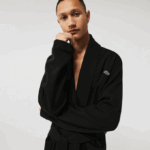Men Lacoste V0ZN1525 Black 031 Loose Fit Long Textured Cotton Knit Bathrobe