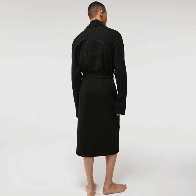 Men Lacoste V0ZN1525 Black 031 Loose Fit Long Textured Cotton Knit Bathrobe - Image 3