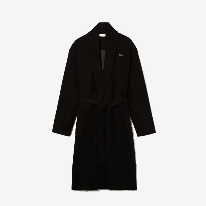 Men Lacoste V0ZN1525 Black 031 Loose Fit Long Textured Cotton Knit Bathrobe - Image 5