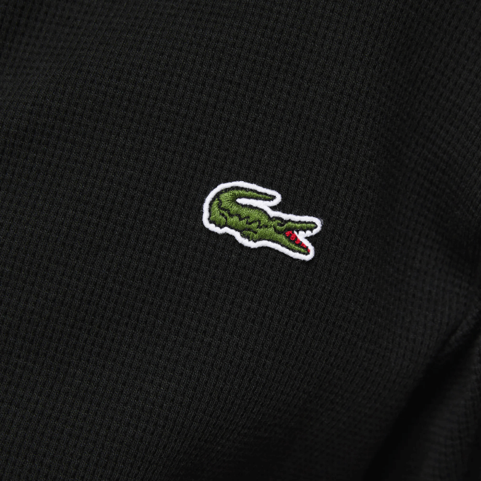 Men Lacoste V0ZN1525 Black 031 Loose Fit Long Textured Cotton Knit Bathrobe - Image 8