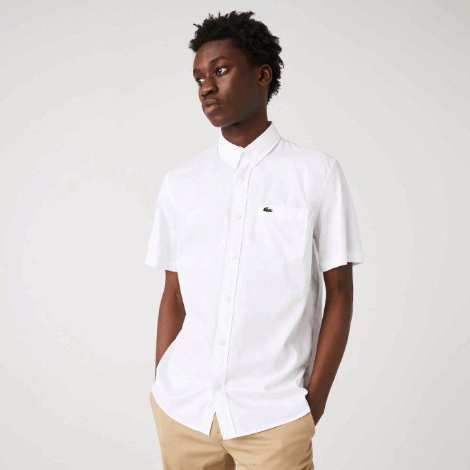Men Lacoste V0ZN1526 White 001 Regular Fit Oxford Cotton Shirt - Image 4