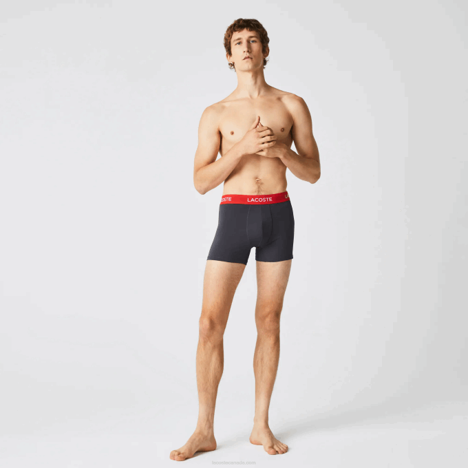 Men Lacoste V0ZN1528 Dark Grey Red Blue Black 8W3 Striped Waist Microfiber Trunk 3-Pack - Image 2