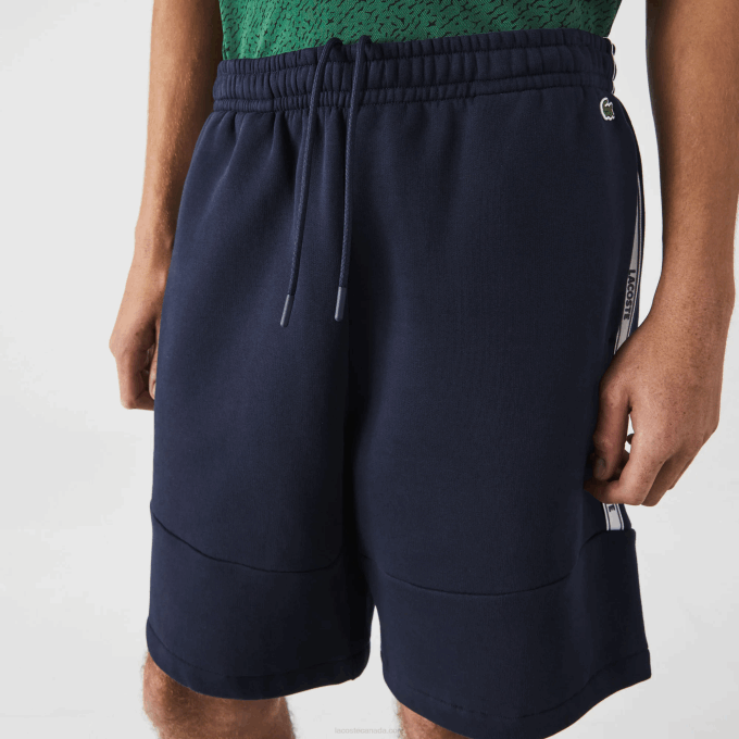Men Lacoste V0ZN1538 Navy Blue 166 Branded Bands Cotton Fleece Blend Shorts - Image 2
