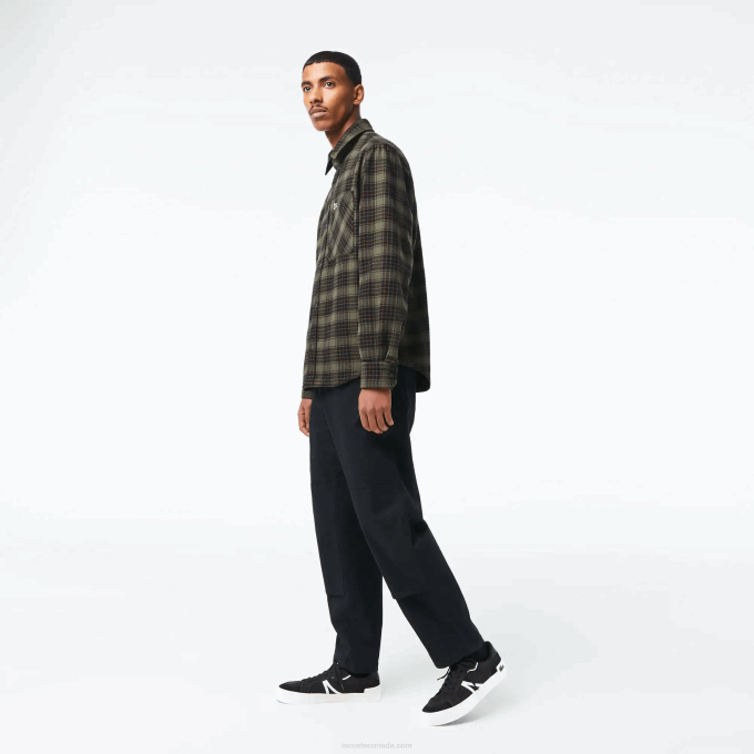 Men Lacoste V0ZN1541 Khaki Green White GBY Reversible Cotton Flannel Overshirt - Image 2