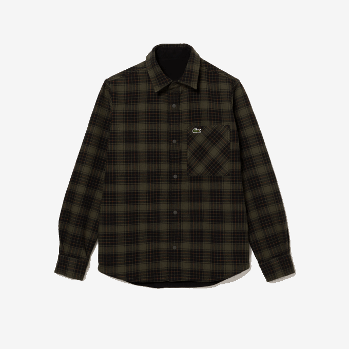 Men Lacoste V0ZN1541 Khaki Green White GBY Reversible Cotton Flannel Overshirt - Image 5