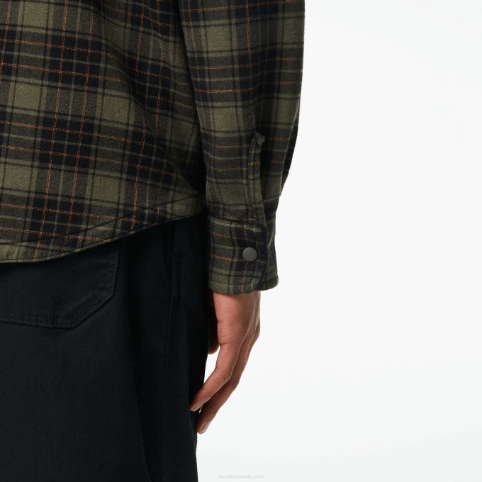Men Lacoste V0ZN1541 Khaki Green White GBY Reversible Cotton Flannel Overshirt - Image 6