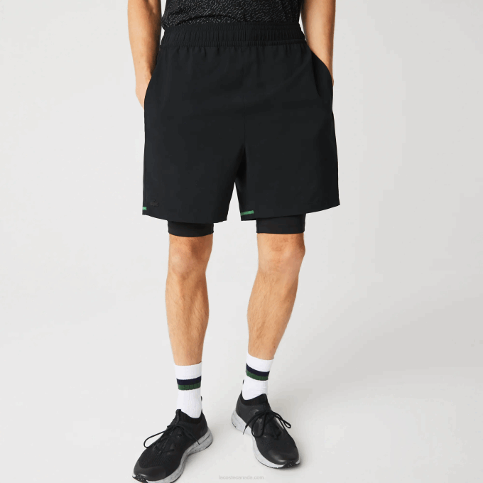 Men Lacoste V0ZN1545 Black Green White 9AZ SPORT Layered Shorts - Image 2