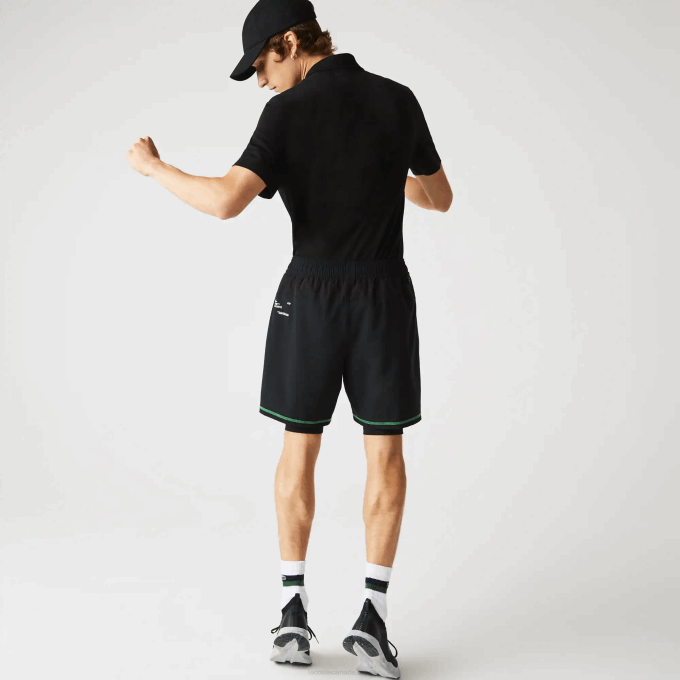 Men Lacoste V0ZN1545 Black Green White 9AZ SPORT Layered Shorts - Image 3